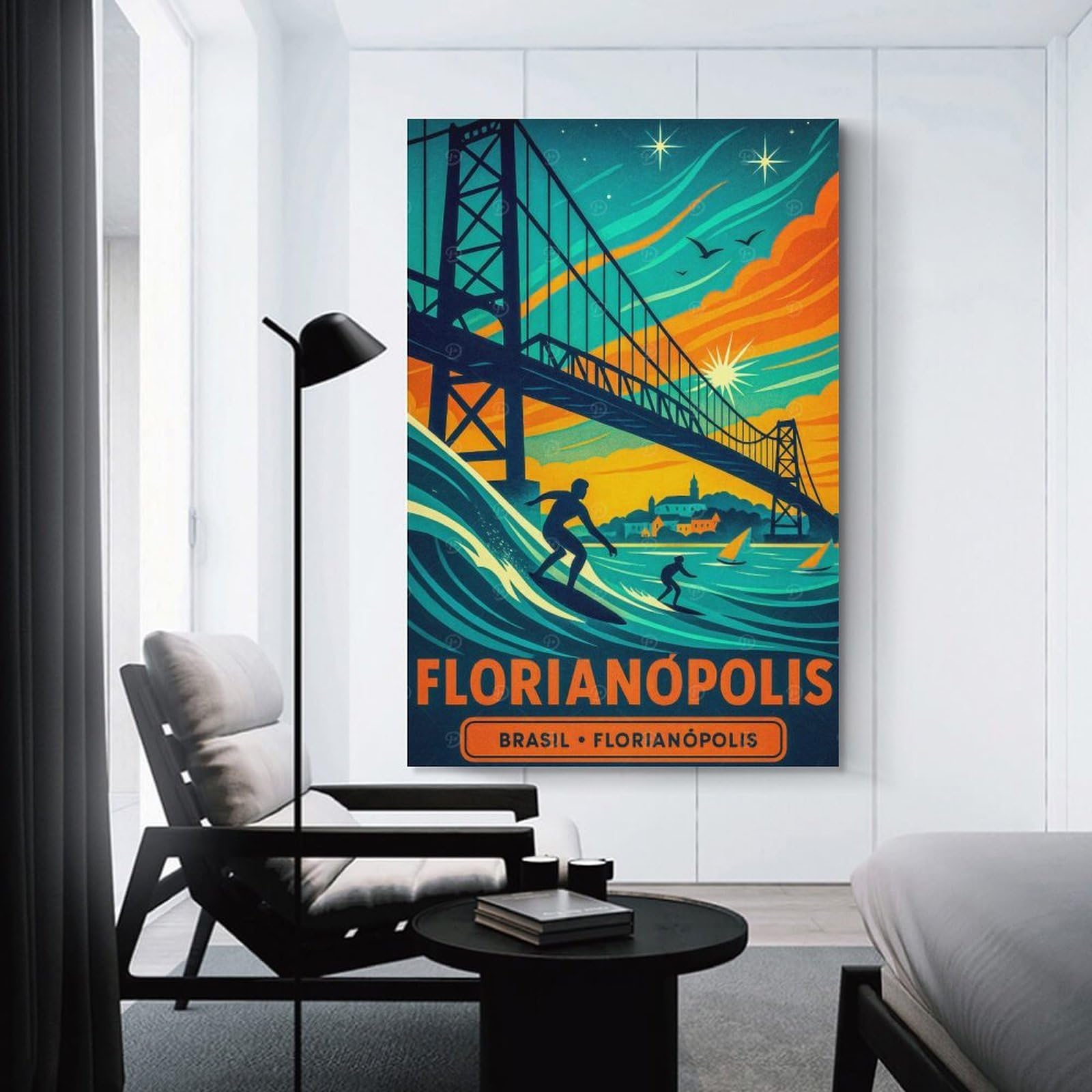 Junmoney Florianópolis, Brazil Surfing Travel Canvas Wall Art, 24x36inch(60x90cm), for Bedroom Decor, Cosy Corners Or Studios, Stylish Decor for A Restful Room Update