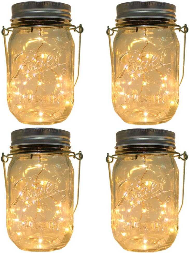 4-Pack Solar-powered Mason Jar Lights (Mason Jar / Handle Included),20 Bulbs Jar Hanging Light,Garden Outdoor Solar / Hanging Lantern,Decor Solar Light,Table Light,Patio Path Light,Warm White