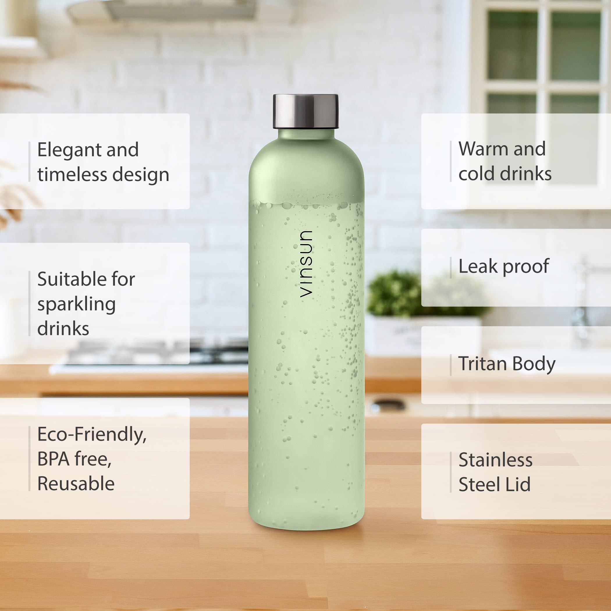 VINSUN Water Bottle 1.5L Green, Leak-proof Water Flask, BPA free, Reusable, Tritan, Drinks Bottle for Sports Gym, Travel - Image 2