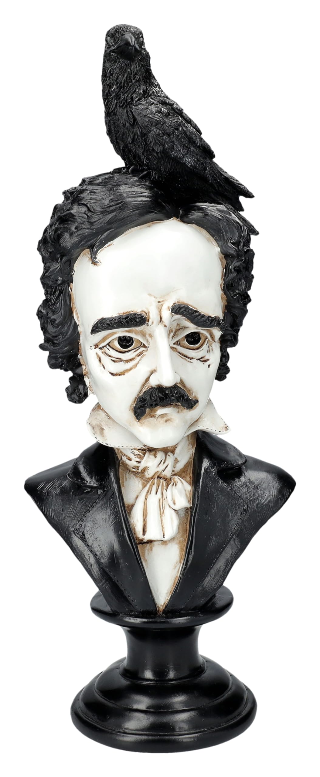 Edgar Allan Poe - Busto con cuervo (40 cm, piedra artificial, pintado a mano), color blanco y negro
