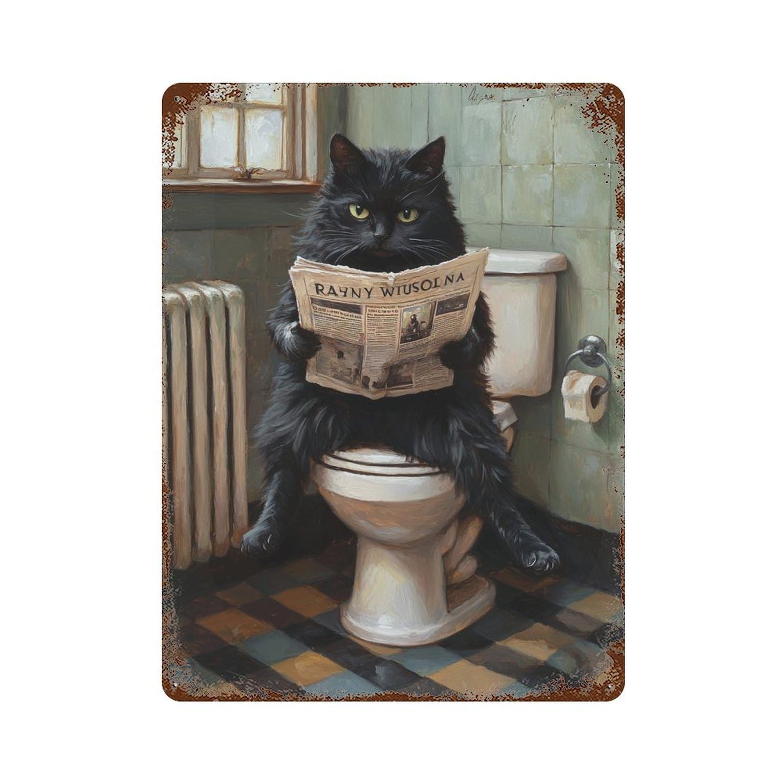 Rust Effect Black Cat Reading Newspaper on Toilet-2 Rustic Tin Plaque 15.7"x11.8", Industrial Home Decor for Bistro, Counter And Cafe Decor