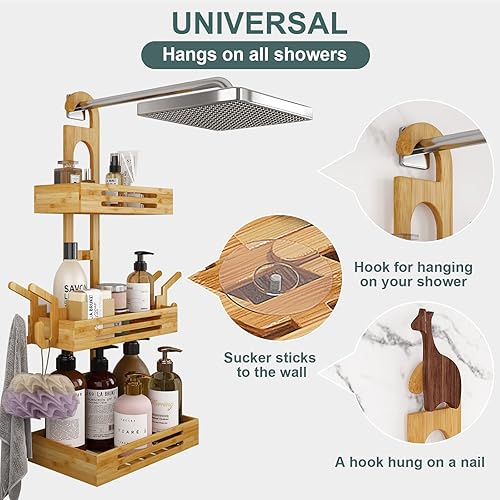 Miniatura 2 de Carrito de ducha de bambú, Carrito de baño colgante, Organizador de ducha de baño de 3 niveles, Caddy sobre cabezal de ducha, Carrito de ducha