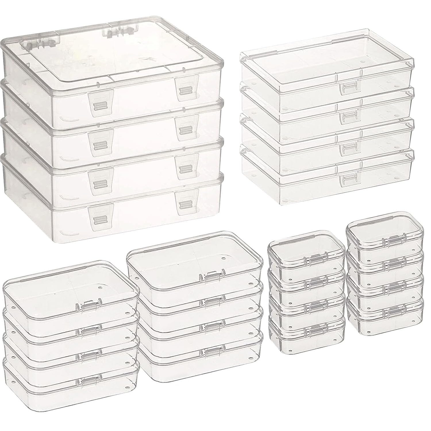Duscdesp Pack of 24 Rectangular Plastic Boxes with Lids in Mixed Sizes, Mini Transparent Storage Box with Hinged Lid for Art Supplies, Small Items and Other Craft Projects