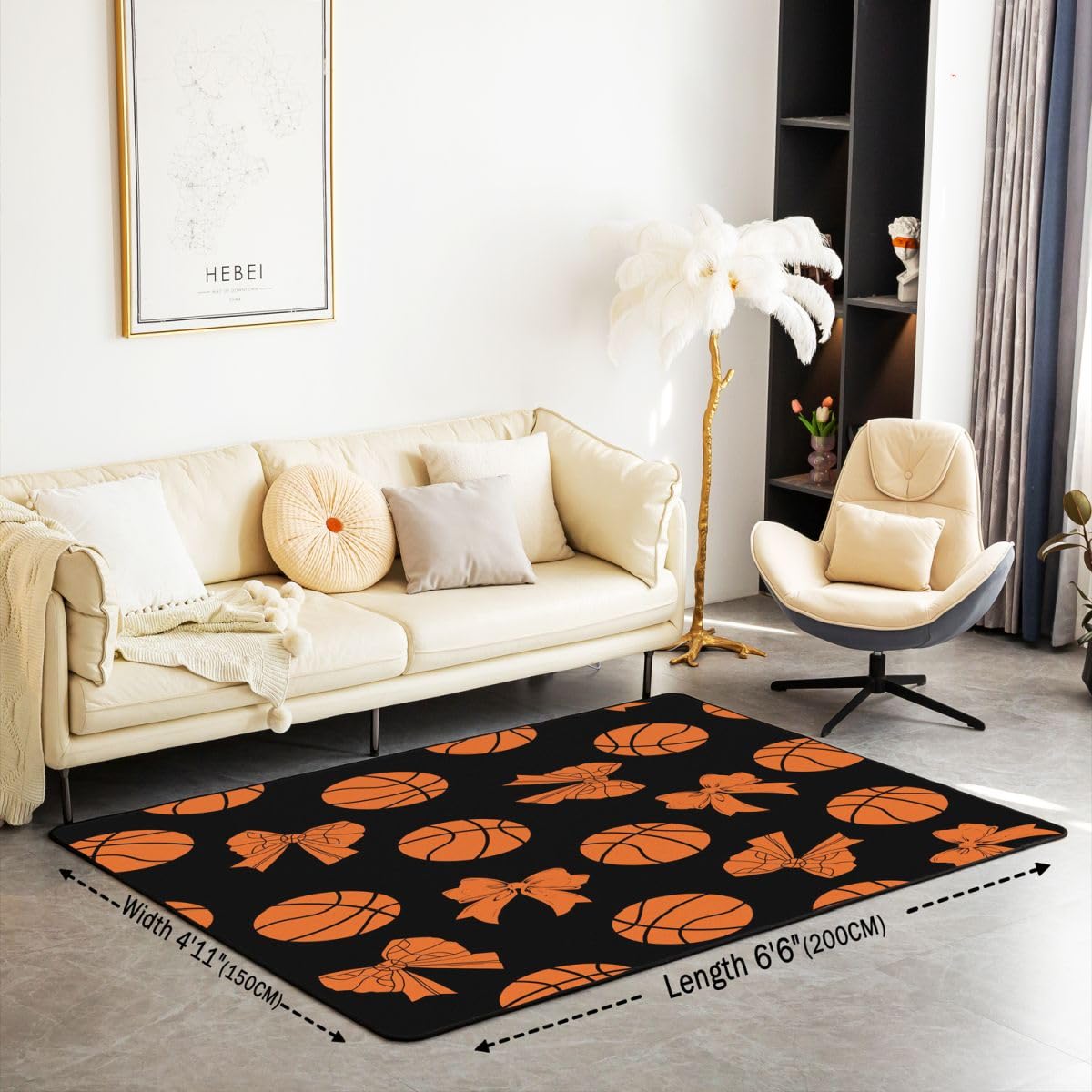 Loussiesd Dywan do koszykówki 150 x 200 cm poliester kokarda dywany do salonu do sypialni gier sport dekoracja dywan gry w piłkę czarna mata podłogowa do wnętrz prezent dla miłośnika koszykówki miękka