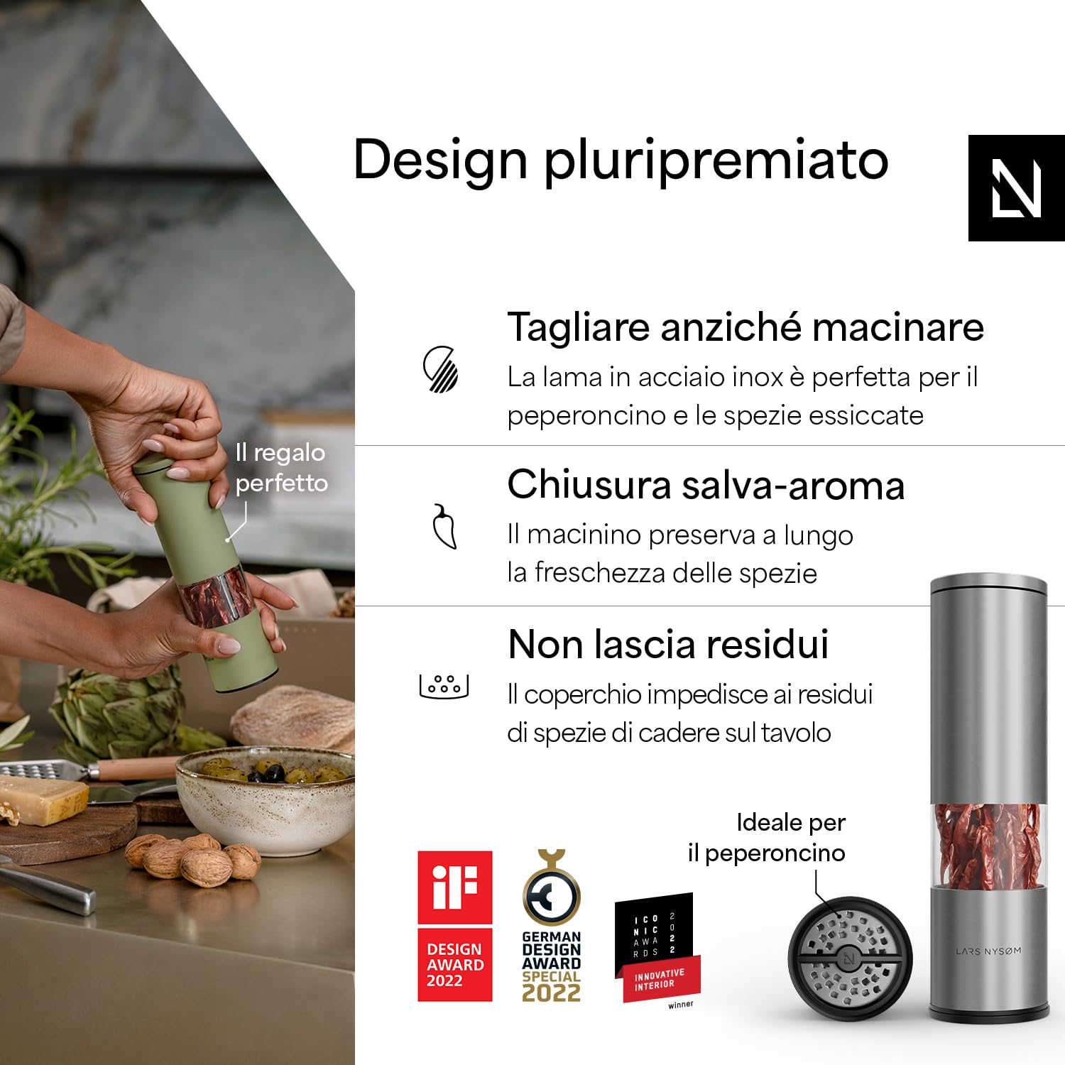 LARS NYSØM Macinino per Peperoncino con Lama di Taglio in Acciaio Inox I Taglierino per Peperoncino Premium I Macinino per Spezie di Design (Stainless Steel)