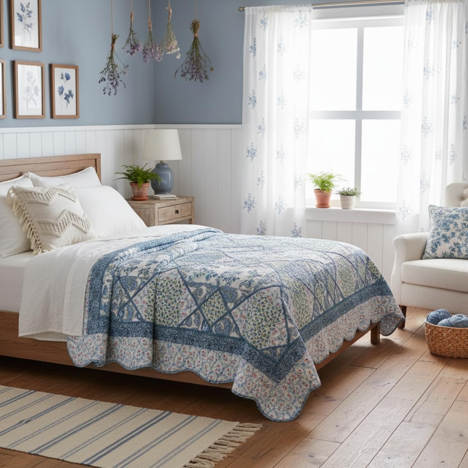 Tache Cotton Patchwork Farmhouse Cottage Country Vintage Antique Ditsy Floral Paisley White Blue Scalloped Lightweight Coverlet Petal Dance Quilt Set, King - Image 8