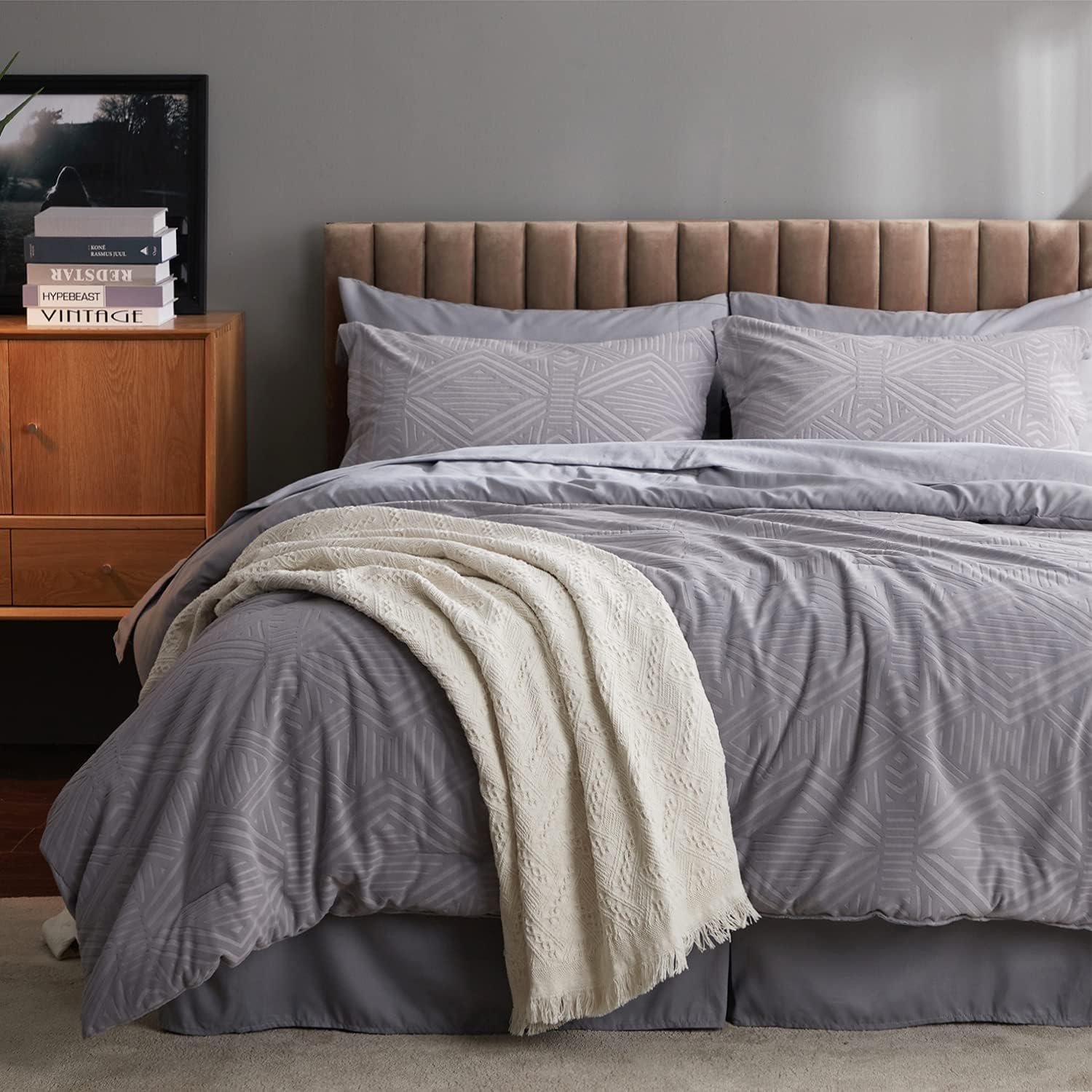 BEDSURE Bedding Sets Queen Size - 8 Piece Bed in a Bag Jacquard Comforter Set with Sheets, All Season Reversible Grey Bed Set with Comforter, Sheet, Pillow Sham and Pillowcase (Queen, Grey)