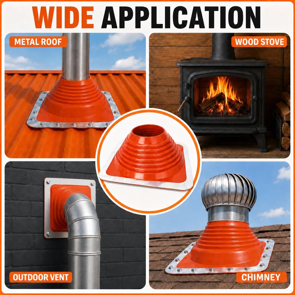 Collage showing various applications of the Hedday chimney boot: metal roof, wood stove, outdoor vent, and chimney.