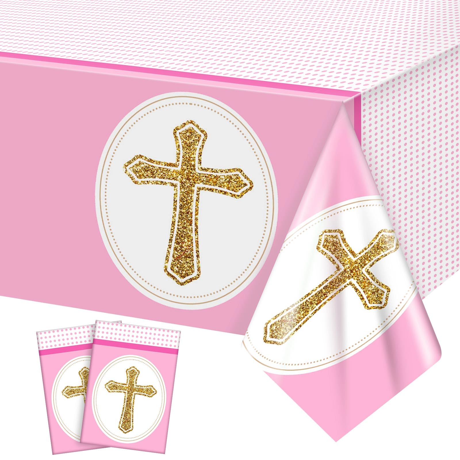 Oudain 2 Pcs Baptism Cross Tablecloths Gender Reveal Table Covers for Girl Boy Baby Shower, Christening, Sunday School Graduation, God Bless and First