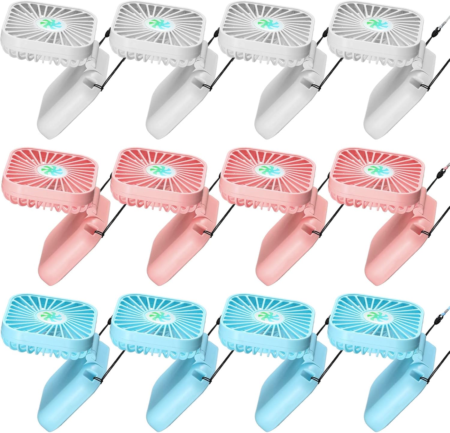 Hortsun 12 Pcs Mini Handheld Fan Bulk Portable Personal Neck Fan Small Foldable Hands Free with USB Rechargeable Gifts for Travel Summer Concerts Vacation Outdoor 3 Speed(Blue, Pink, White)