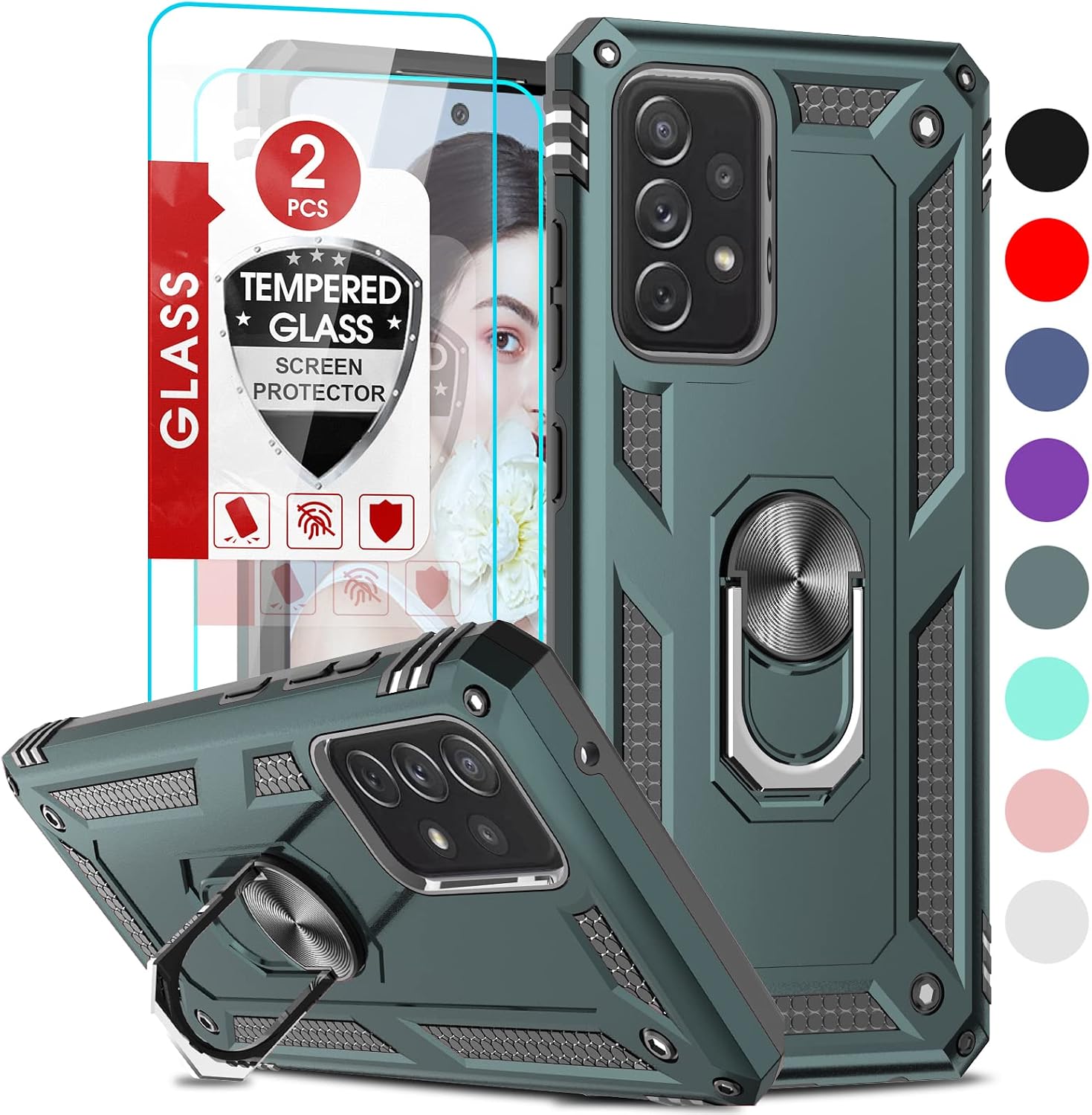 LeYi for Samsung Galaxy A52 Case, A52 5G Case with [2 Pack] Tempered Glass Screen Protector, [Military-Grade] Magnetic Ring Kickstand Car Mount Shockproof Phone Case for Samsung A52 5G/A52S, Green