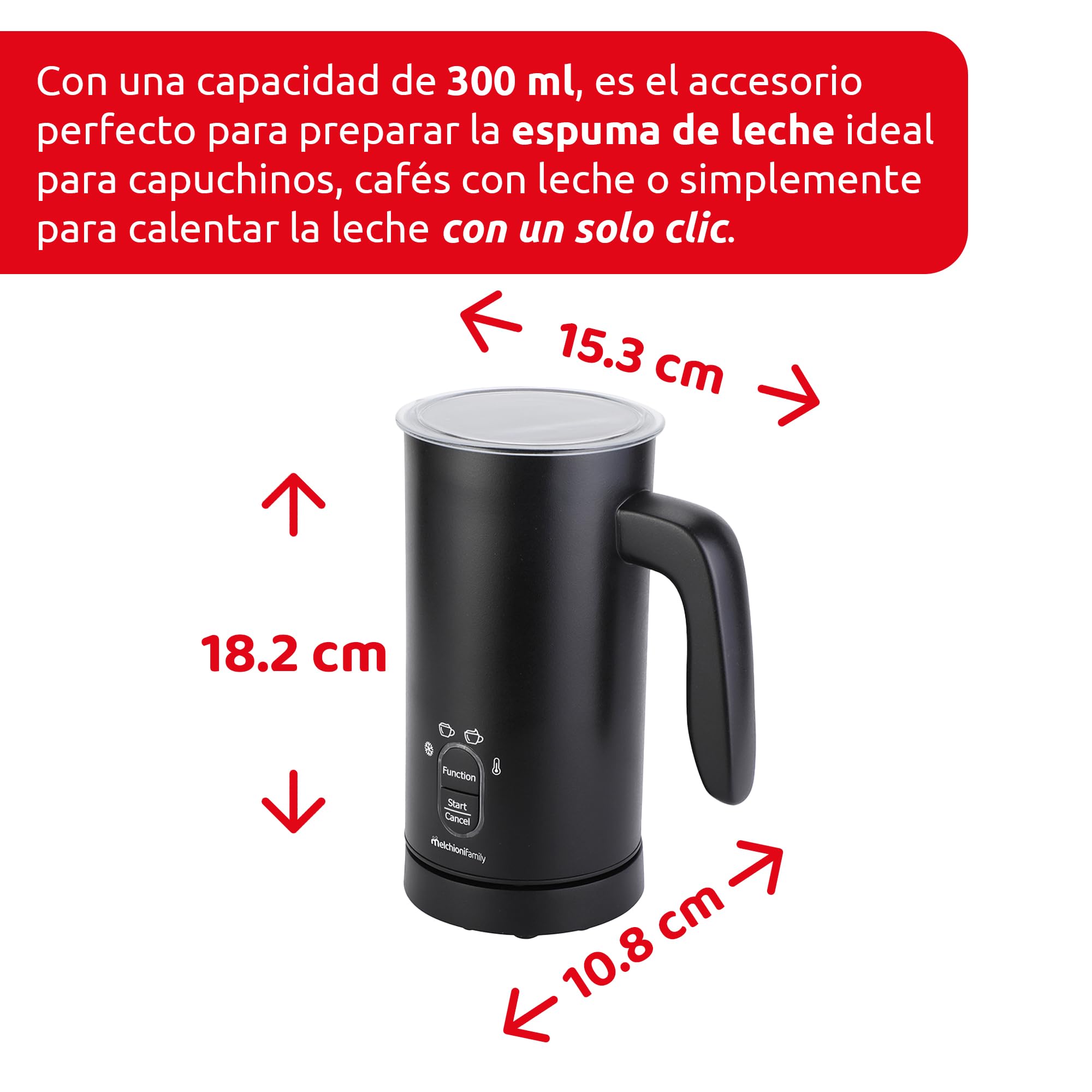 Melchioni Family Milky - Espumador de leche eléctrico, capacidad 300 ml, 4 en 1, apagado automático, espuma fría y caliente, chocolate caliente, capuchino como bar