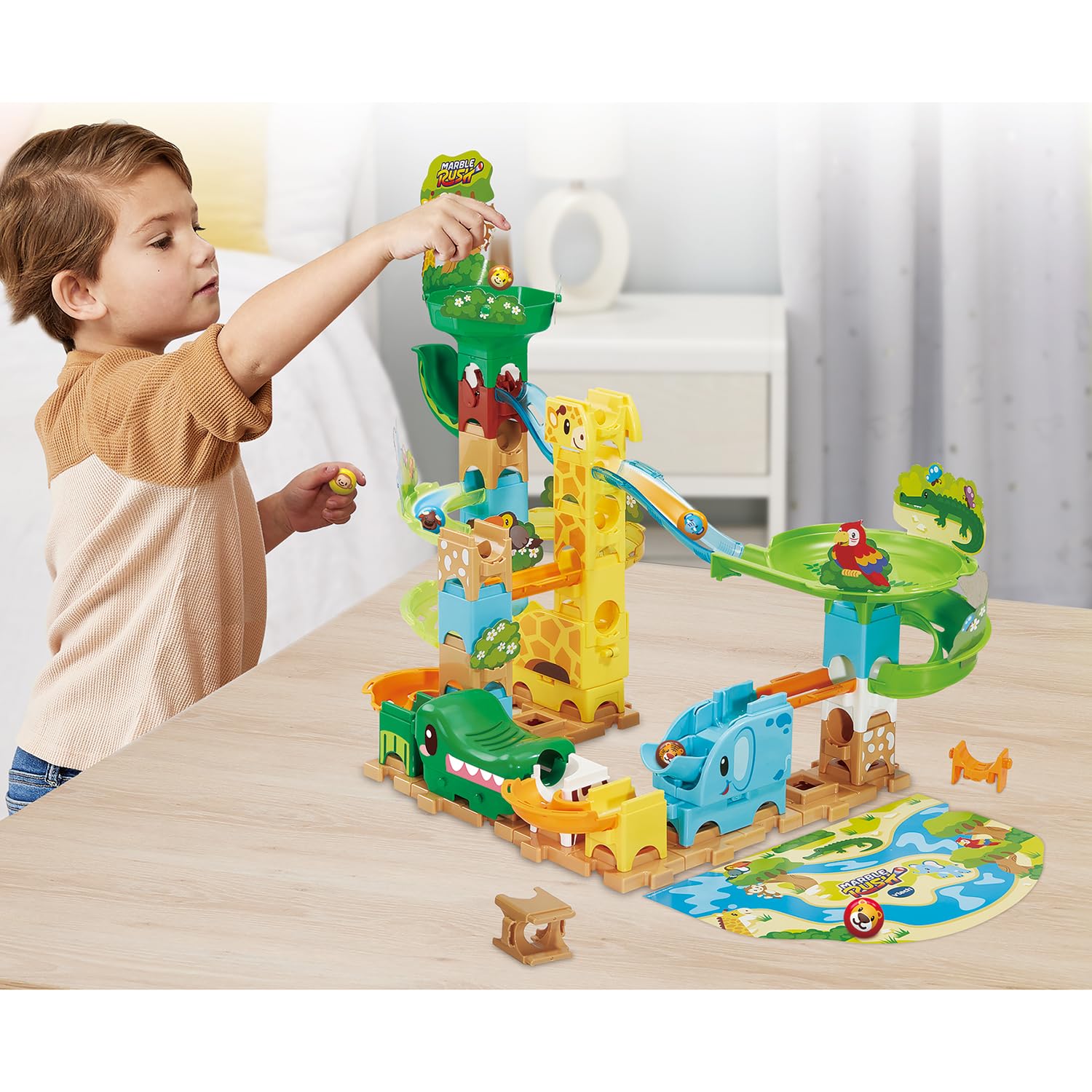 VTech - Marble Rush Junior Animal Set J100 - Circuit à Billes Enfant, 58 Pièces et 6 Billes - Jeu de Construction, Jouet Animaux de la Savane - Cadeau Enfant Dès 3 Ans - Contenu en Français