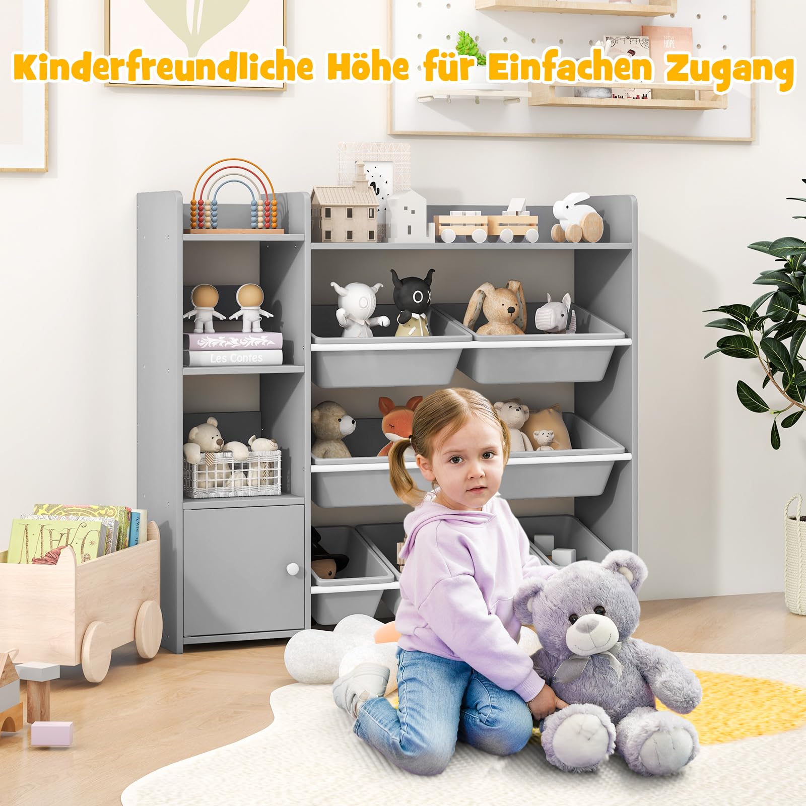 COSTWAY Boekenkast voor kinderen, kinderrek met 4 planken, wandrek met kantelbeveiliging voor speelgoed en boeken, smalle boekenorganizer voor kinderkamer, woonkamer, grijs, 60 x 14 x 147 cm