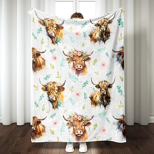 Miniatura 1 de Manta de vaca de las montañas súper suave y cálida, decoración floral de vaca de las tierras altas, manta ligera y acogedora de franela blanca con