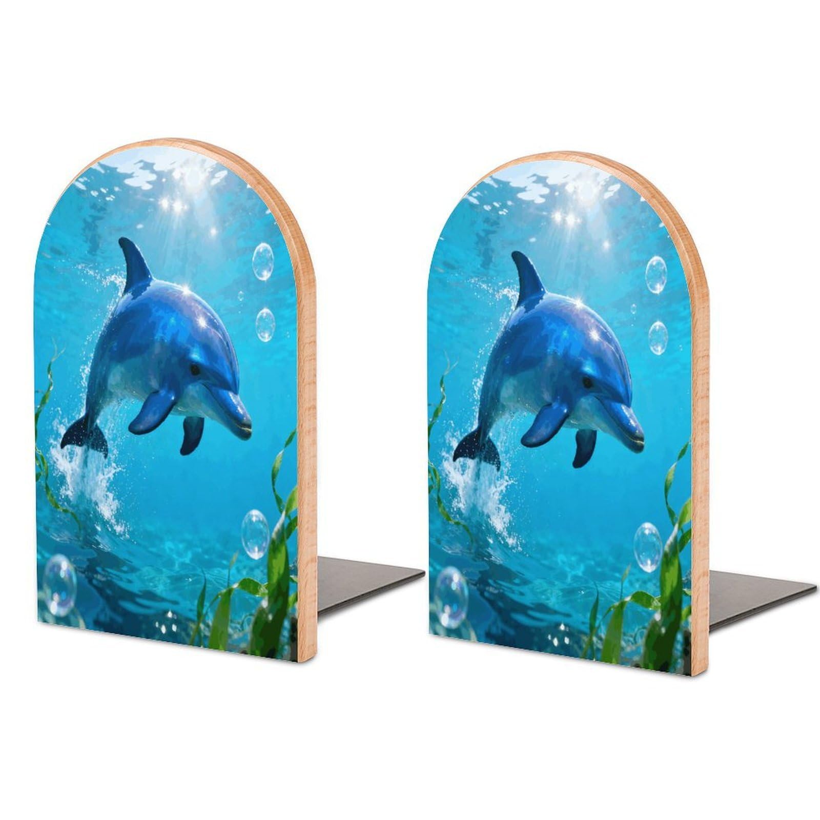 Blue Dolphin Book Ends Wood Non-Skid Bookend for Shelves Heavy Duty Bookends with Metal Base Decorative Books Stopper Desk Organizers Book Dividers for Office Home 1 Pair
