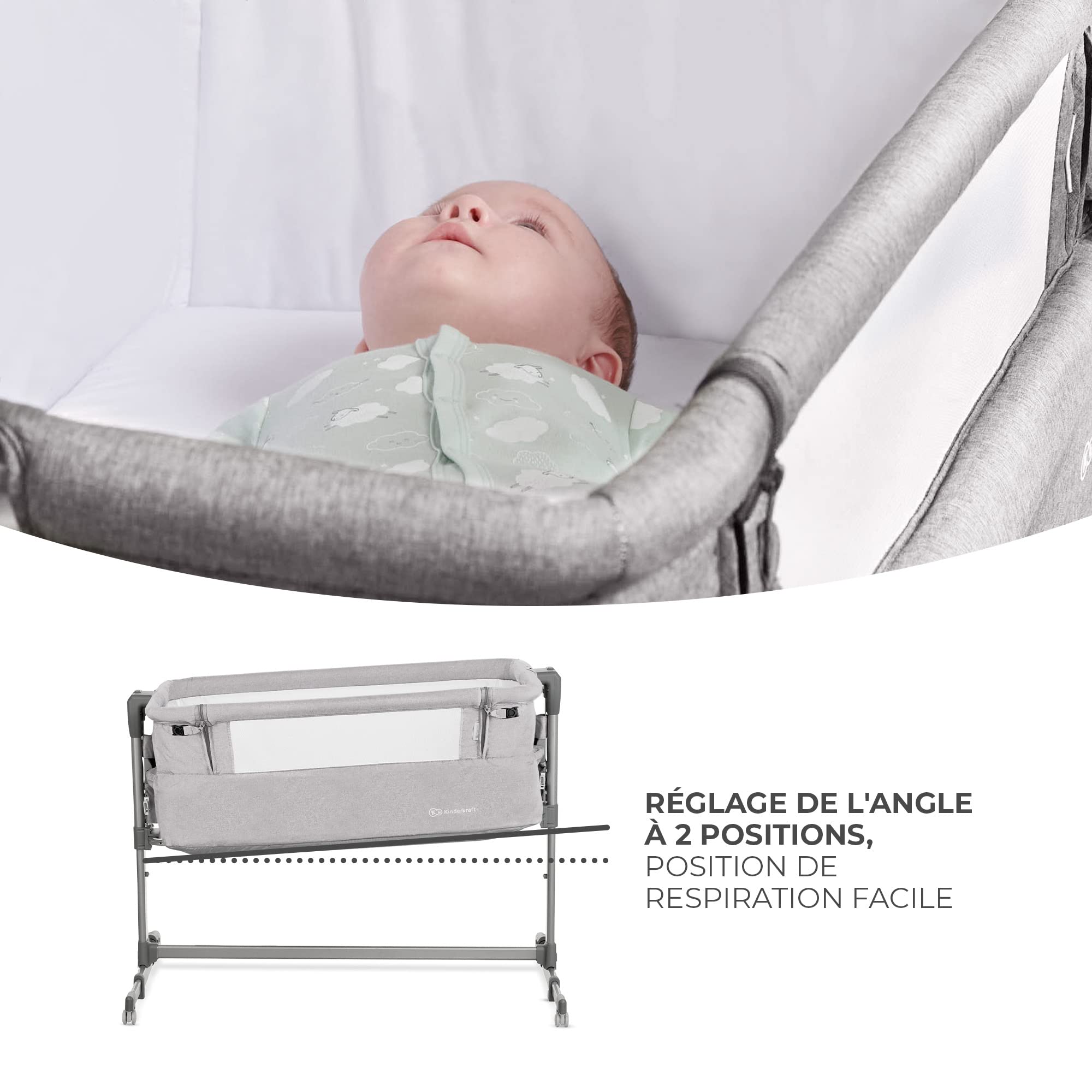 Kinderkraft Neste UP Lit bébé cododo, avec Matelas de la Naissance, Réglage de la Hauteur, Facile Adapter au lit du Parent, Pieds réglables, Sac de Transport Inclus, Gris Clair