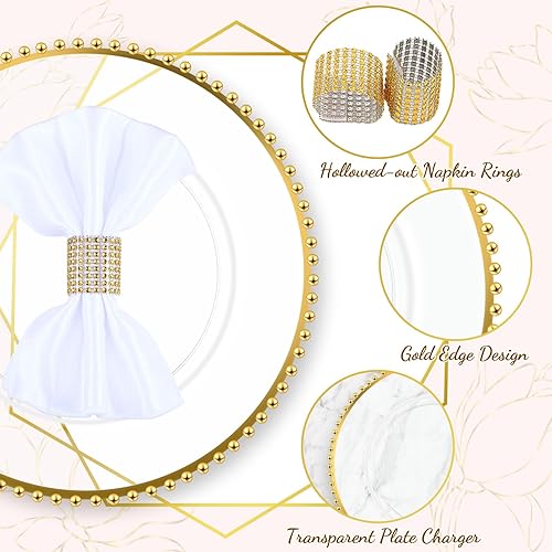 Miniatura 3 de Juego de 50 (100 piezas) de platos de carga y servilleteros dorados transparentes que incluye platos de plástico con cuentas de 13 pulgadas,