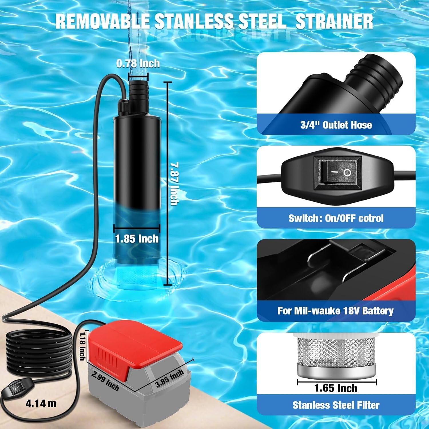Pompa dell'acqua per Milwaukee, 18 V, pompa sommersa per vasche da campeggio, giardino, camper, drenaggio stagno, cantieri (senza batteria)