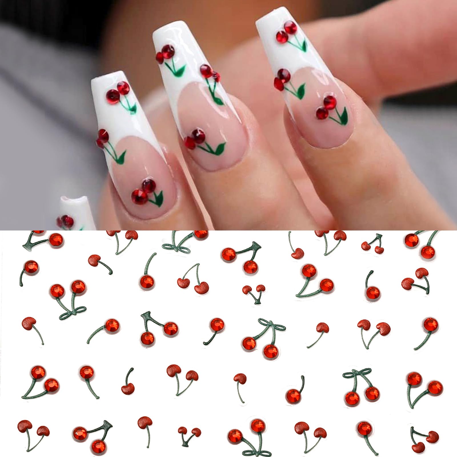 Pretty Diva Nail Art Stickers Crystal Cherry Art Nail Sticker Decals, 5D Cherries Nails Rhinestones Charms Fruit Self-Adhesive DIY Design French Tip Nail Decals Shiny Cherry