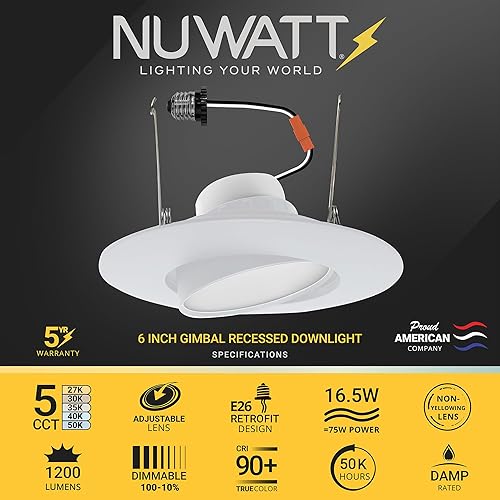 Miniatura 2 de NUWATT Paquete de 6 luces LED empotrables de cardán de 6 pulgadas con ribete blanco, alto lúmenes, 1200 lm, 16 W, seleccionable 5CCT 2700K, 3000K,