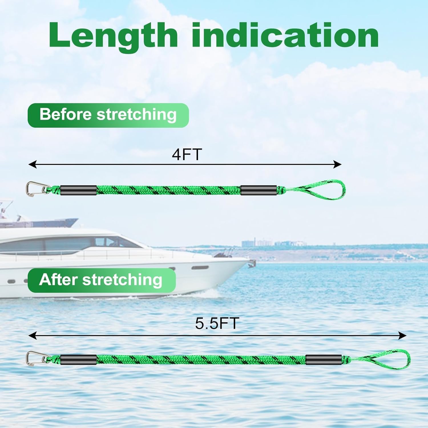 Boat Bungee Dock Lines, Mooring Rope with Stainless Steel Clip,Boat Ropes for Docking, Boat Accessories, Suit for PWC, Kayak, Seadoo, WaveRunner, Pontoon, Bass Boat, 4ft (Green&Black)