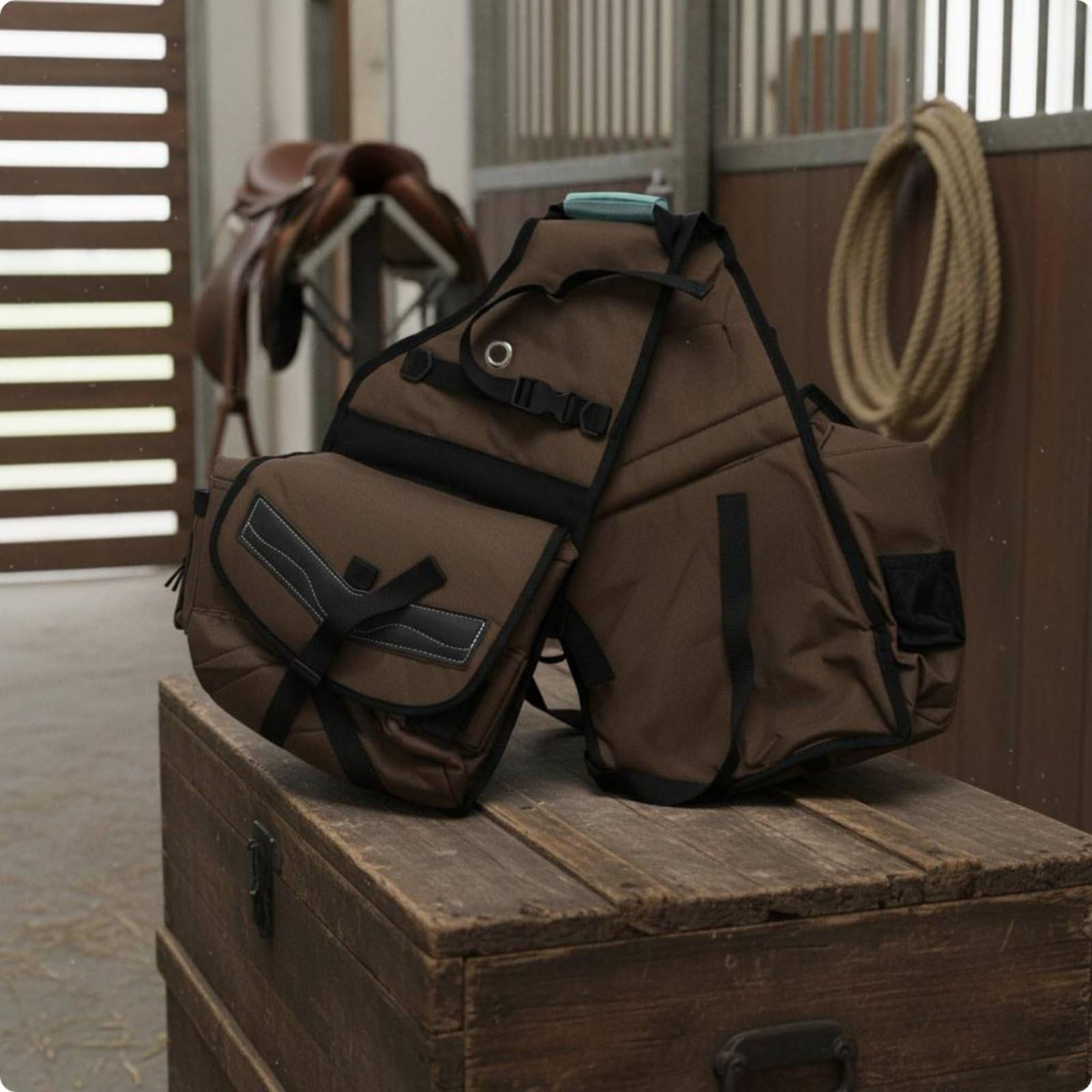 MERIGLARE Equestrian Saddle Pack Satteltasche Tasche Pferdezubehör Packtasche aus Canvas mit Sicheren Riemen für Geordnete Aufbewahrung Beim Ausritt Training Trekking für Reiter Outdoor, Brown