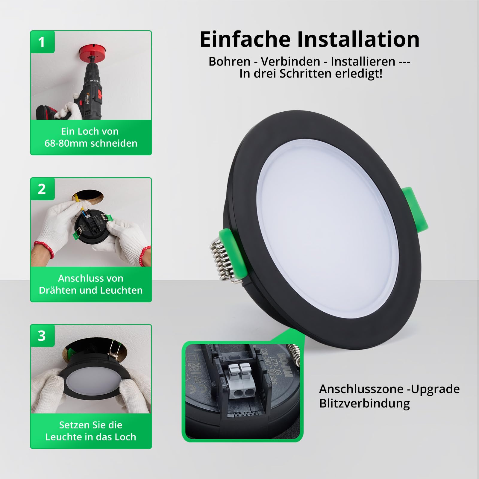 BOJIM LED Einbaustrahler 230V Flach Schwarz, IP65 Hochwasserschutz Spots für Badezimmer, Feuchtraum Küche, Warmweiß 2700K, 68-80mm Lochmaß, 5W Einbauspots Deckenspots, 10er Set