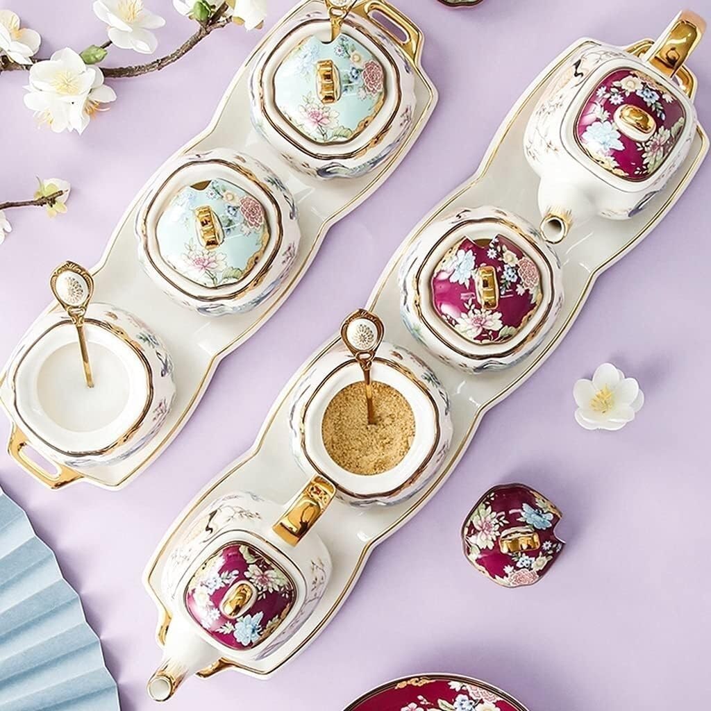 Salt and Sugar Container Sets Ceramic Condiment Container Set with Lid Spoon and Tray Sugar Bowl Kitchen Seasoning Box Home Sauce Condiment Bottle Kitchen,B-4pcs