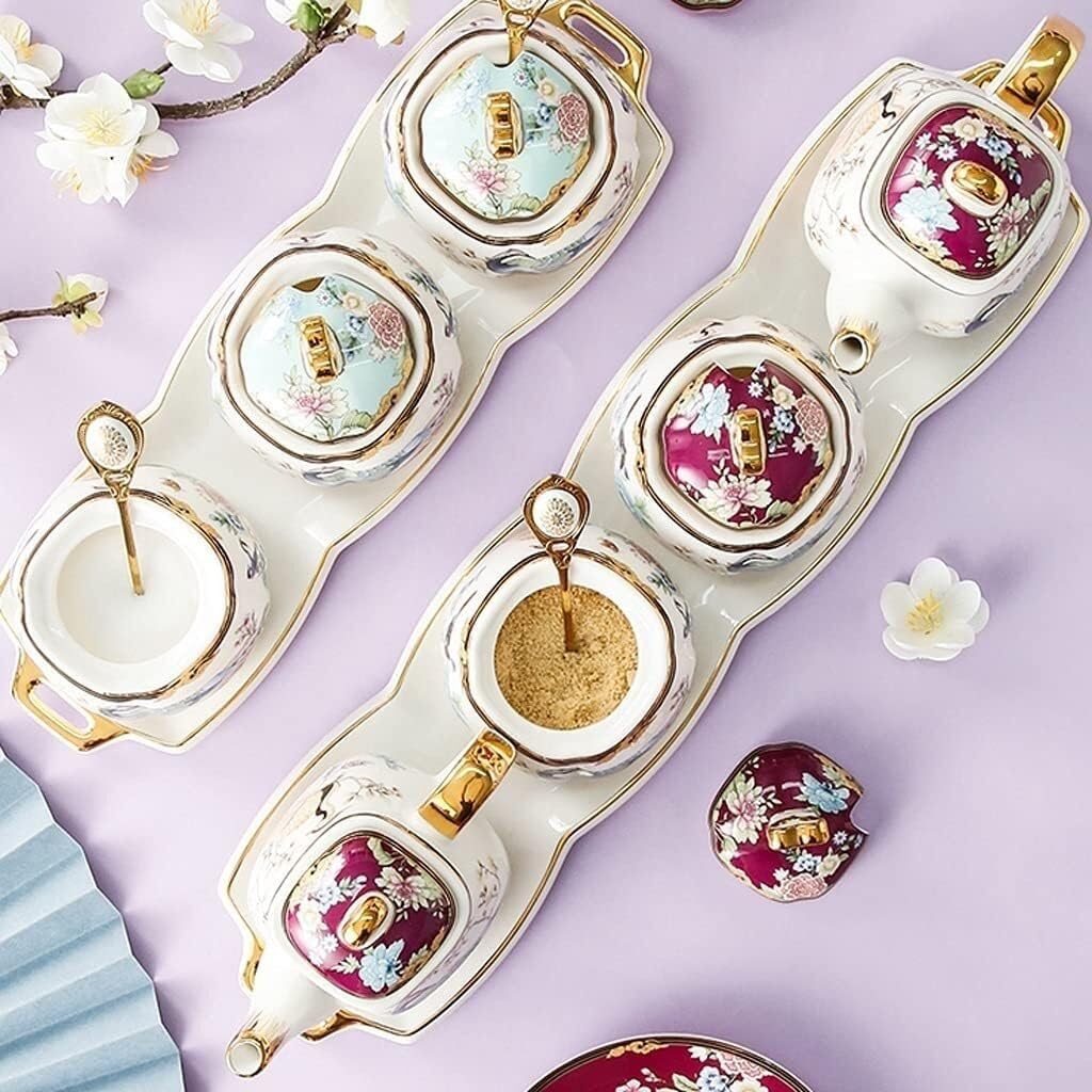 Pojemnik na Przyprawy Pojemników na Przyprawy Zestaw Ceramicznych Pojemników Na Przyprawy Z Łyżką W Pokrywce I Tacą Cukiernica Kuchenne Pudełko Na Przyprawy Domowa Butelka Na Przyprawy Do Sosu Słoiki