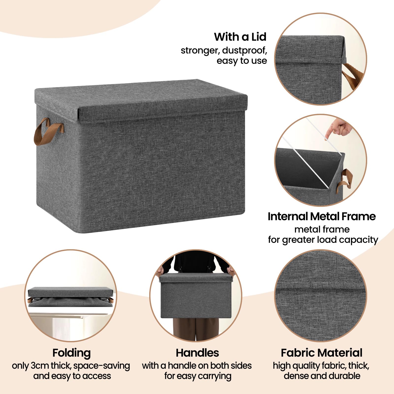 WOLTU Faltbare Aufbewahrungsboxen 10 Stück, mit Deckel, Grau, 48x36x30cm | aus Polyesterstoff, für Schlafzimmer, Arbeitszimmer, Wohnzimmer, Organizer Box mit Griffen, faltbar,