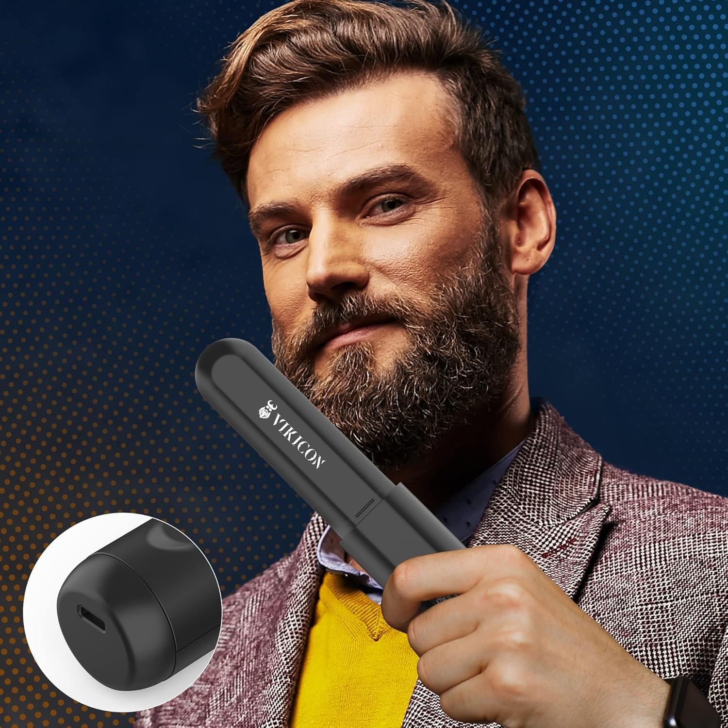 VIKICON - Pettine lisciante per barba da uomo, senza fili, 3 livelli di temperatura regolabili, spazzola ionica ricaricabile, per capelli e barba, anti-scottatura, portatile (nero)
