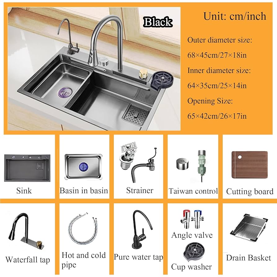 Black Single Slot Waterfall Kitchen Sink Smart Multifunctional Whale Piano Key Modern Sink Kitchen Stainless Steel - Sink, Handmade Sink