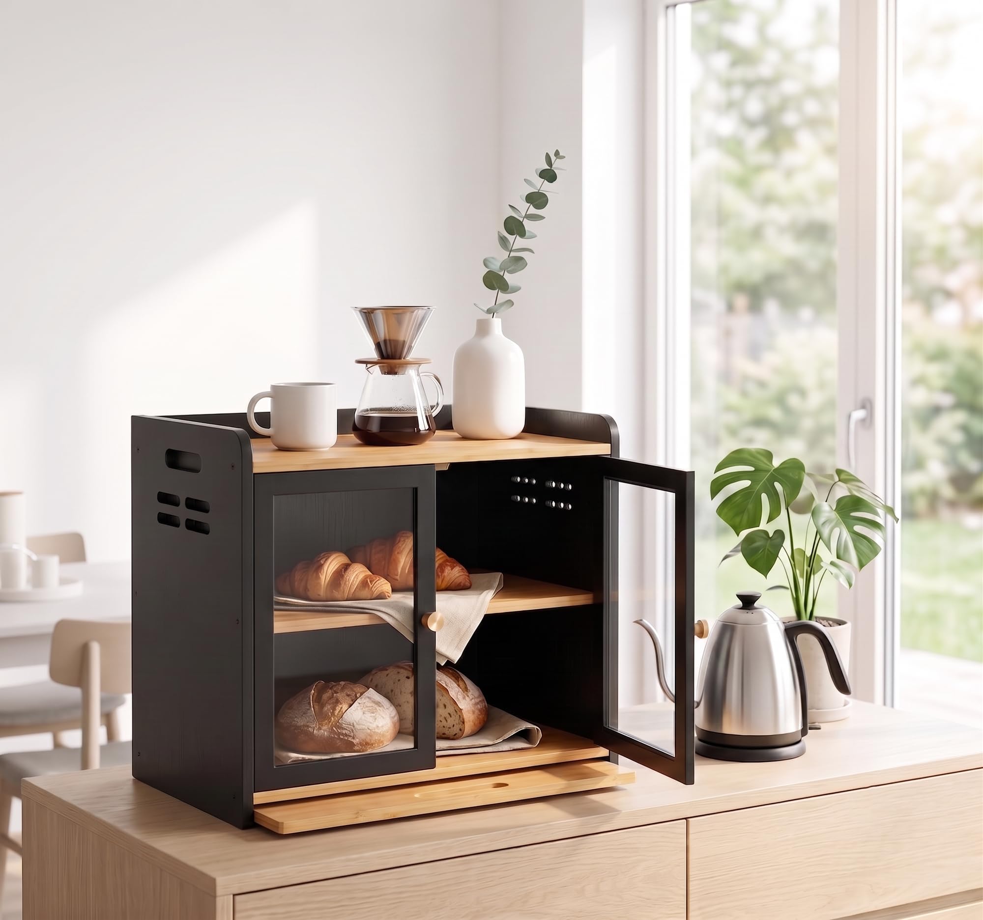 ADEL DREAM Bambus Küchen Organizer mit Brotschrank, Schneidebrett&Klare Tür