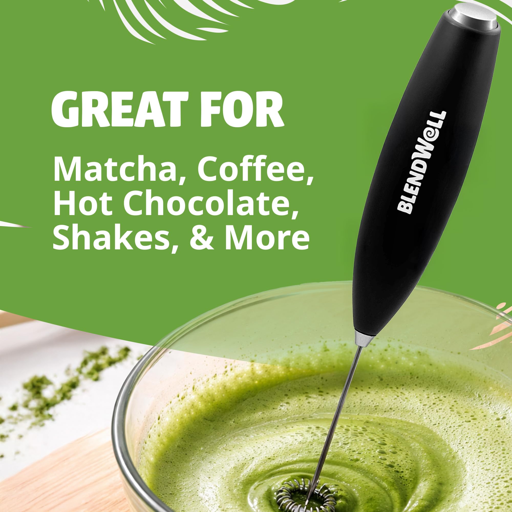 BlendWell Elektrischer Milchaufschäumer für Matcha und Kaffee, Handheld Batteriebetriebener Getränkemixer mit Ständer, Edelstahl Schneebesen, Schwarz