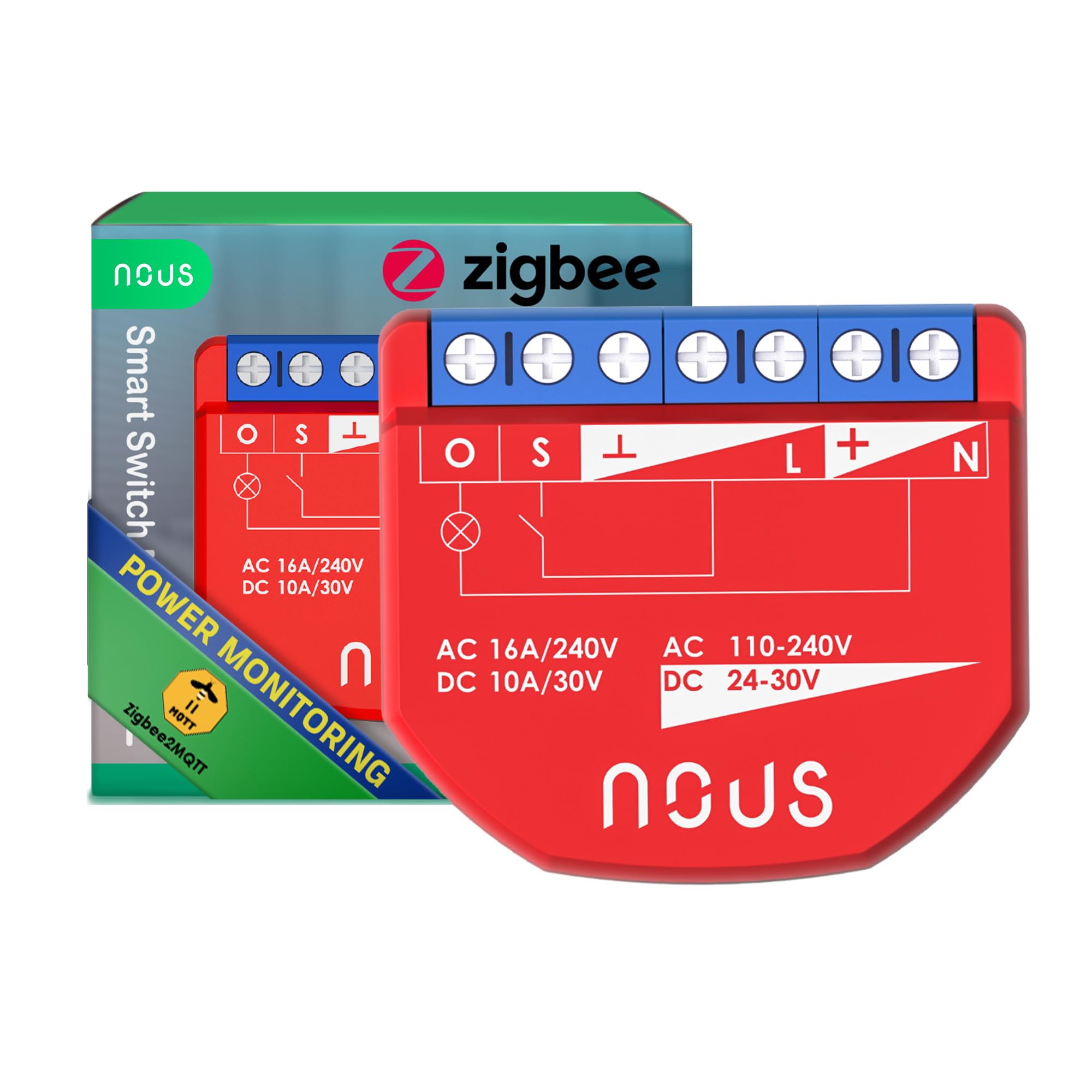NOUS Module Interrupteur Intelligent ZigBee avec Mesure de Puissance, 1 Canal, AC 16A/DC 10A, 3.0 Hub Requis, Compatible avec Alexa, Zigbee2MQTT, Google Assistant, Home Assistant, Tuya