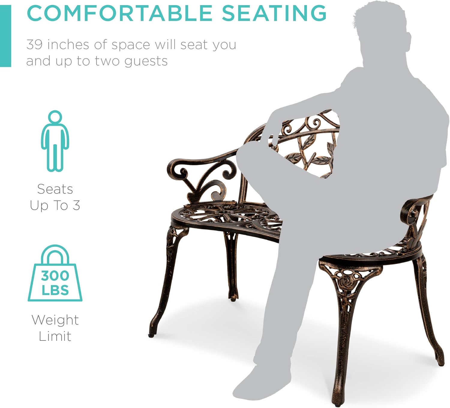 Best Choice Products Outdoor Bench Steel Garden Patio Porch Loveseat Furniture for Lawn, Park, Deck Seating w/Floral Rose Accent, Antique Finish - Bronze