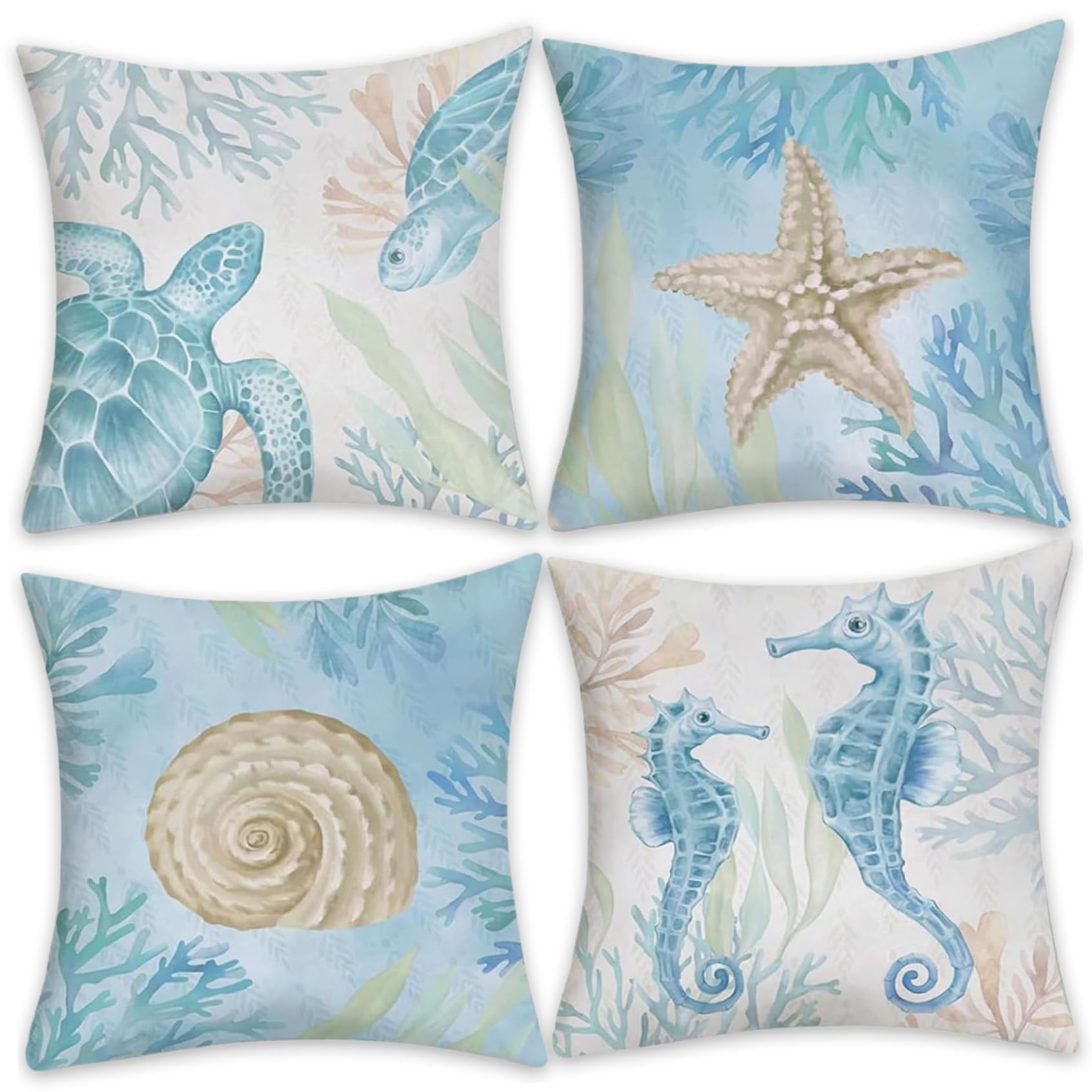 NASSMOSSE Coastal Pillow Covers 4Pcs Nautical Throw Pillow Covers 18x18 Inch Summer Beach Soft Linen Ocean Turtle star fish Seahorse Cushion Cover for Couch Sofa Living Room