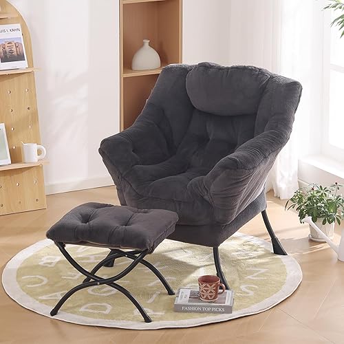 Miniatura 8 de Silla de gran tamaño con otomana, moderna silla de lectura, silla de descanso con reposabrazos y un bolsillo lateral para espacio pequeño,