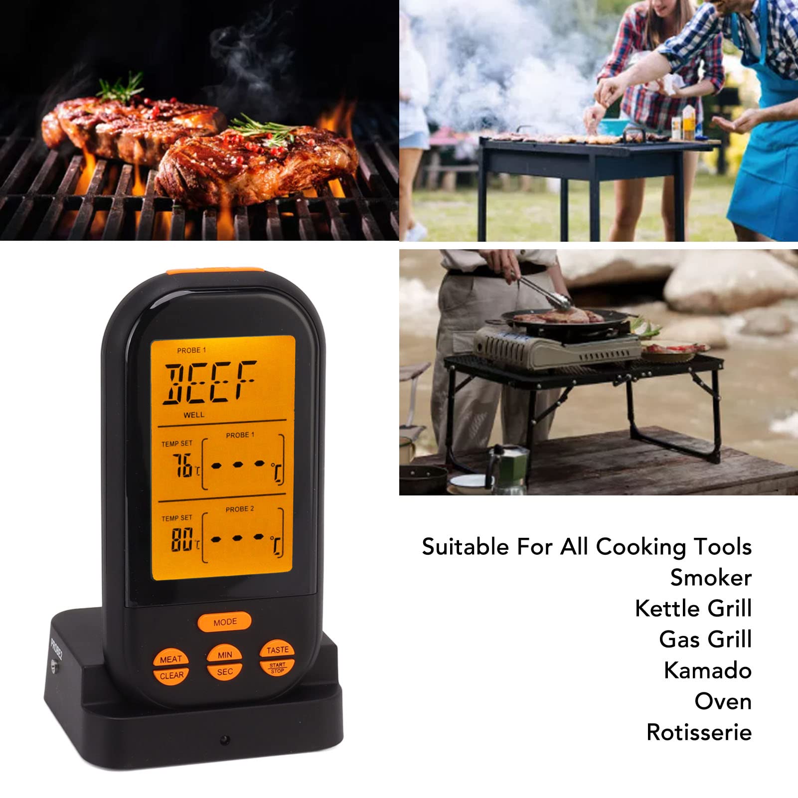 ANCLLO Thermomètre Numérique Double Sonde Sans Fil Étanche - Programmable Pour Barbecue, Four, Cuisson & Grill - Plage -20°C à 250°C