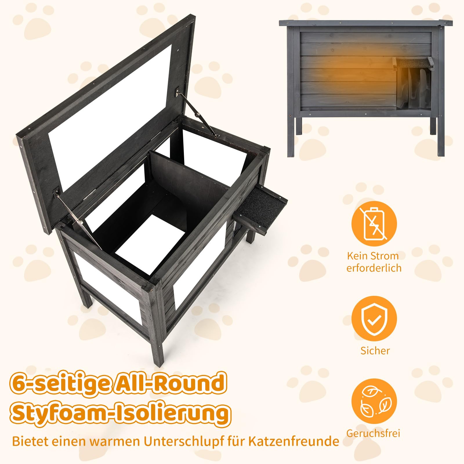 COSTWAY Katzenhaus Outdoor Winterfest, Katzenhütte für Winter, Holz, Katzenhöhle mit Schaumisolierung & Dach & PVC-Tür & Trennwand, für Außenbereich Innenbereich, 88 x 55 x 69 cm (Schwarz)