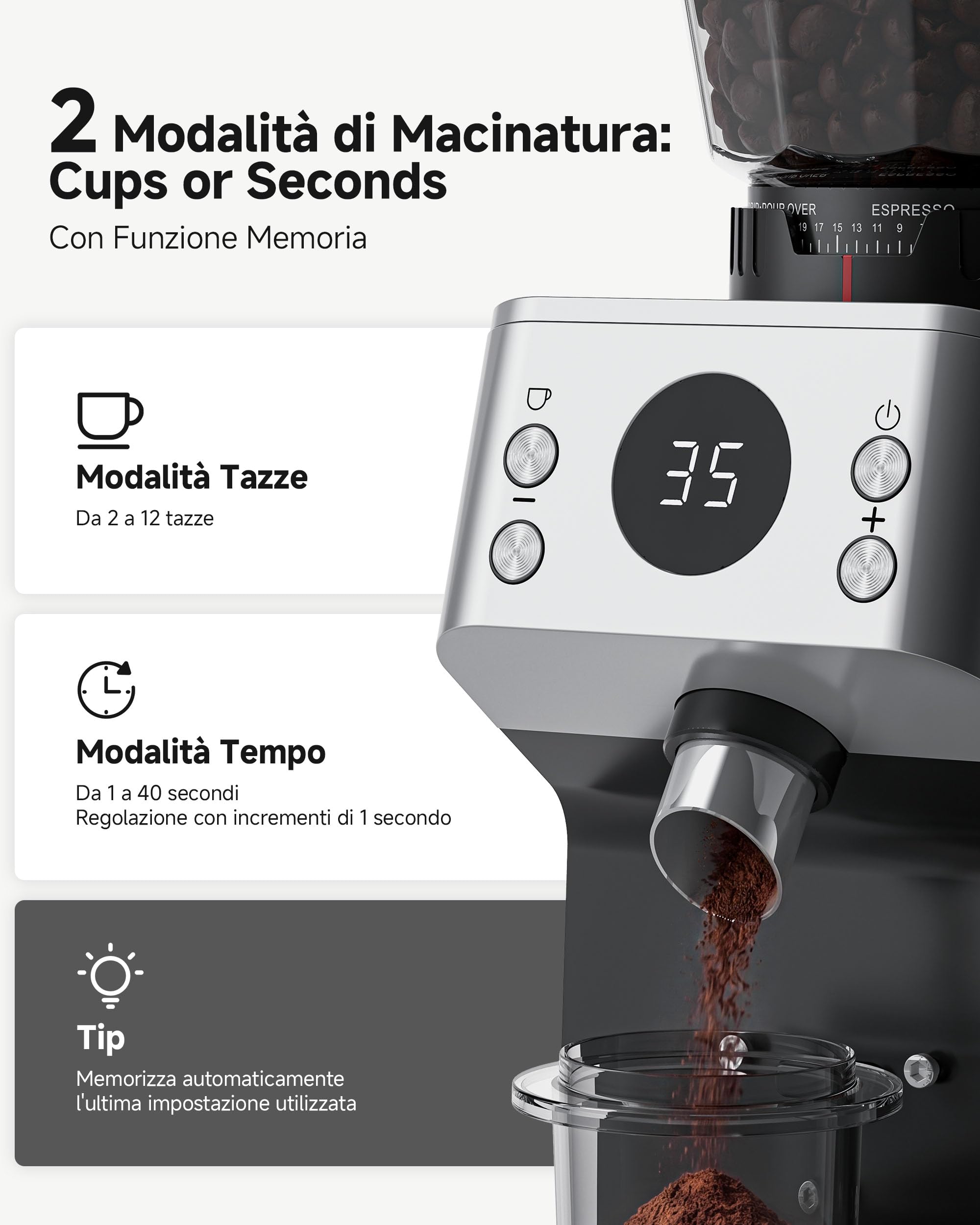 AAOBOSI Macinacaffè Elettrico, 45 Livelli, Macine Coniche in Acciaio | Sistema antistatico al plasma, memoria, timer programmabile, contenitore chicchi 300 g, per espresso e caffè filtro