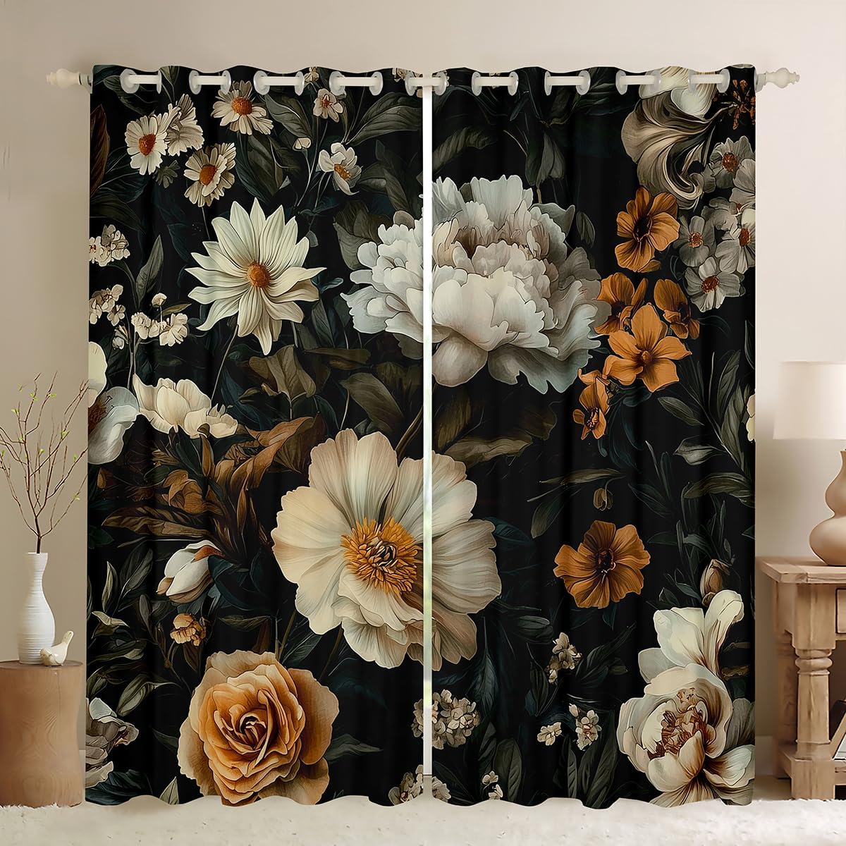 Erosebridal Floral Blackout Curtains Vintage Daisy Peony Flowers Window Curtains 2 Panel Sets 38" Wx45 L Boho Dark Floral Window Treatments Drapes for Bedroom/Living Room Chic Flowers Decor