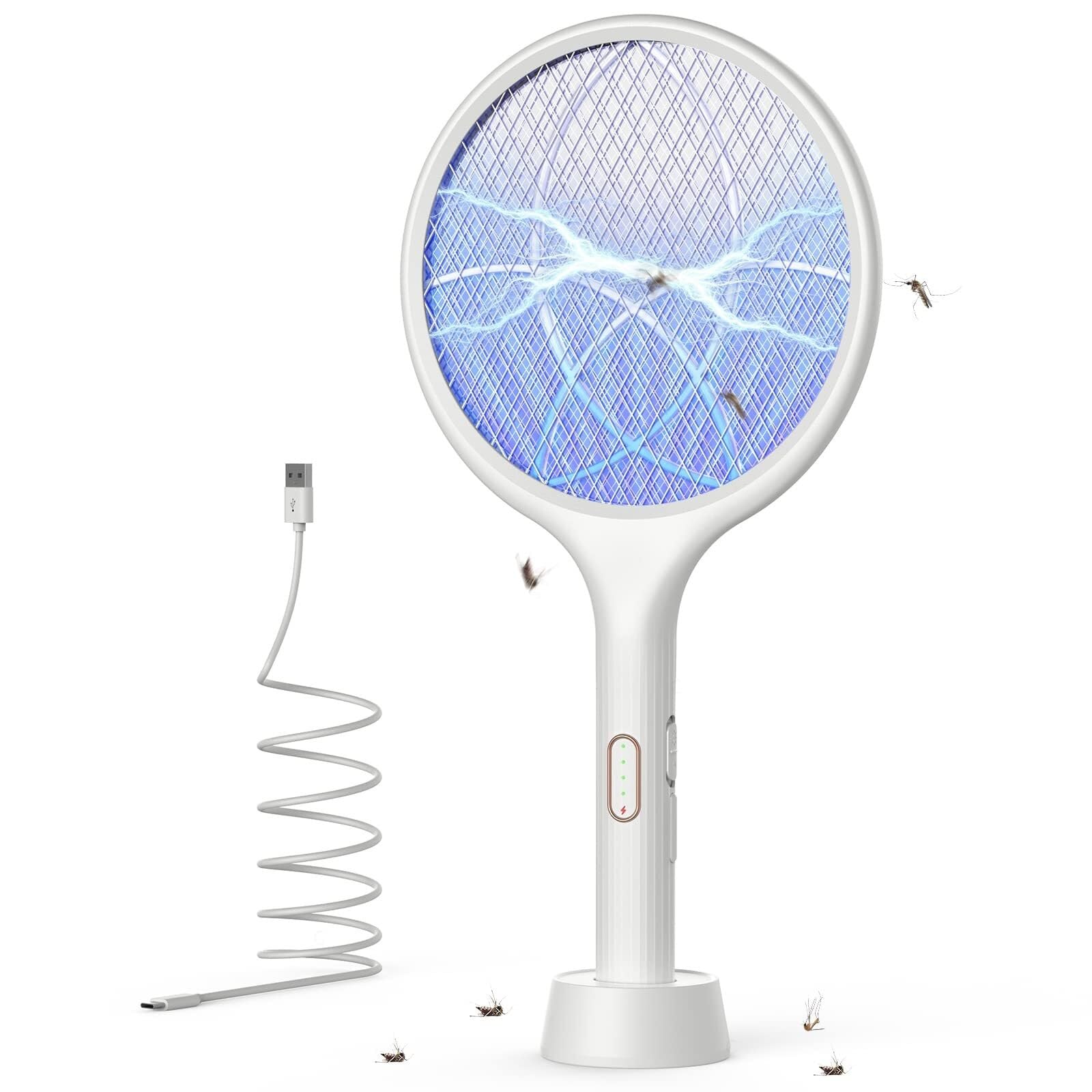 Electric Fly Swatter 4000V Bug Zapper Racket Mosquito Killer 1500 mAh 3 Layers Mesh with USB C Cable Stand Base for Indoor Outdoor(White)