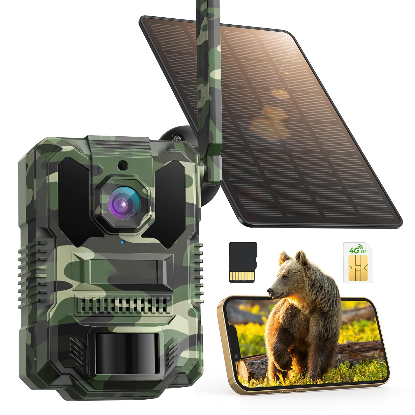 DEATTI 4G LTE Cámara de Caza 2.7K con Tarjeta SIM, Solar Camara Fototrampeo con App, Detección PIR por Infrarrojos Invisible, Cámara Caza Nocturna con 8000mAh Batería, Tarjeta TF de 64 GB IP66