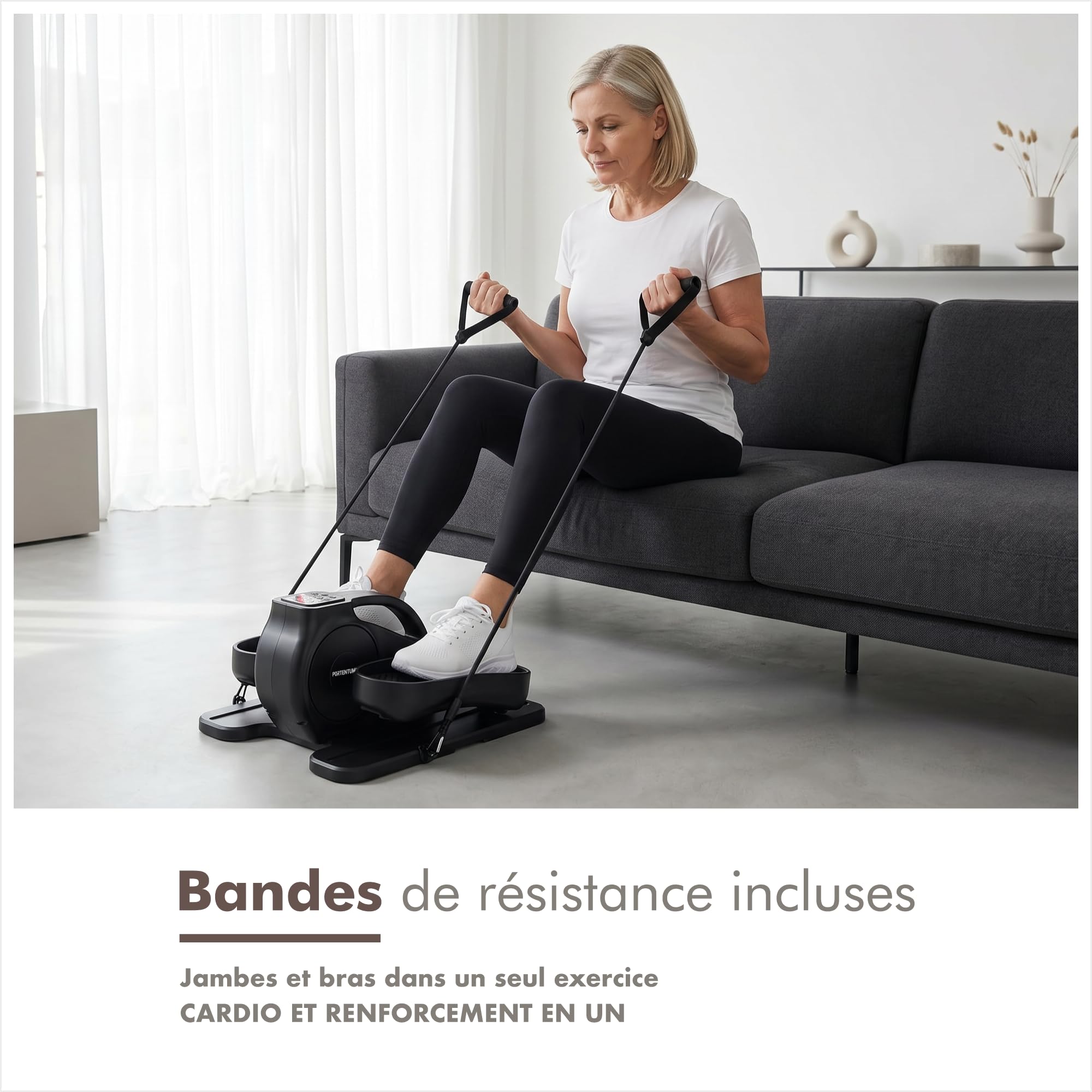PORTENTUM Mini Velo elliptique électrique avec Bandes de résistance – Tapis et Sangles – Pédalier d'appartement Automatique et Manuel 12 Vitesses – Pedalier Moteur Silencieux
