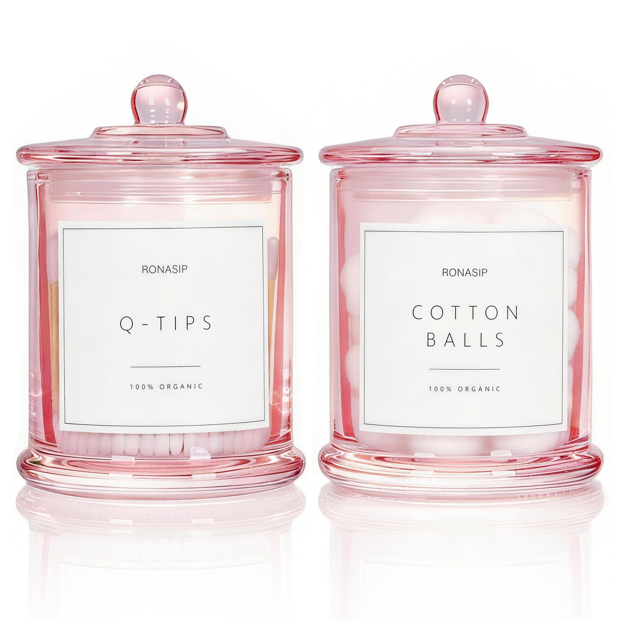 2 pack Cotton Buds Holder, Cotton Wool Pads Jar, 16 Oz Glass Qtip Dispenser Holder for Qtips, Swabs,Makeup Sponges (Pink)