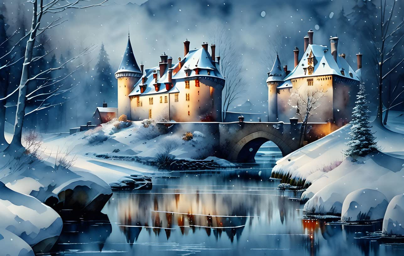 Château en hiver peinture à l'aquarelle pour masquer un mur vide