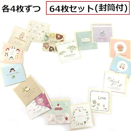 Amazon Angelicate ミニ メッセージカード 多目的 誕生日 カード グリーティングカード 手紙 封筒 付 ナチュラル 16種 64枚セット グリーティングカード 文房具 オフィス用品
