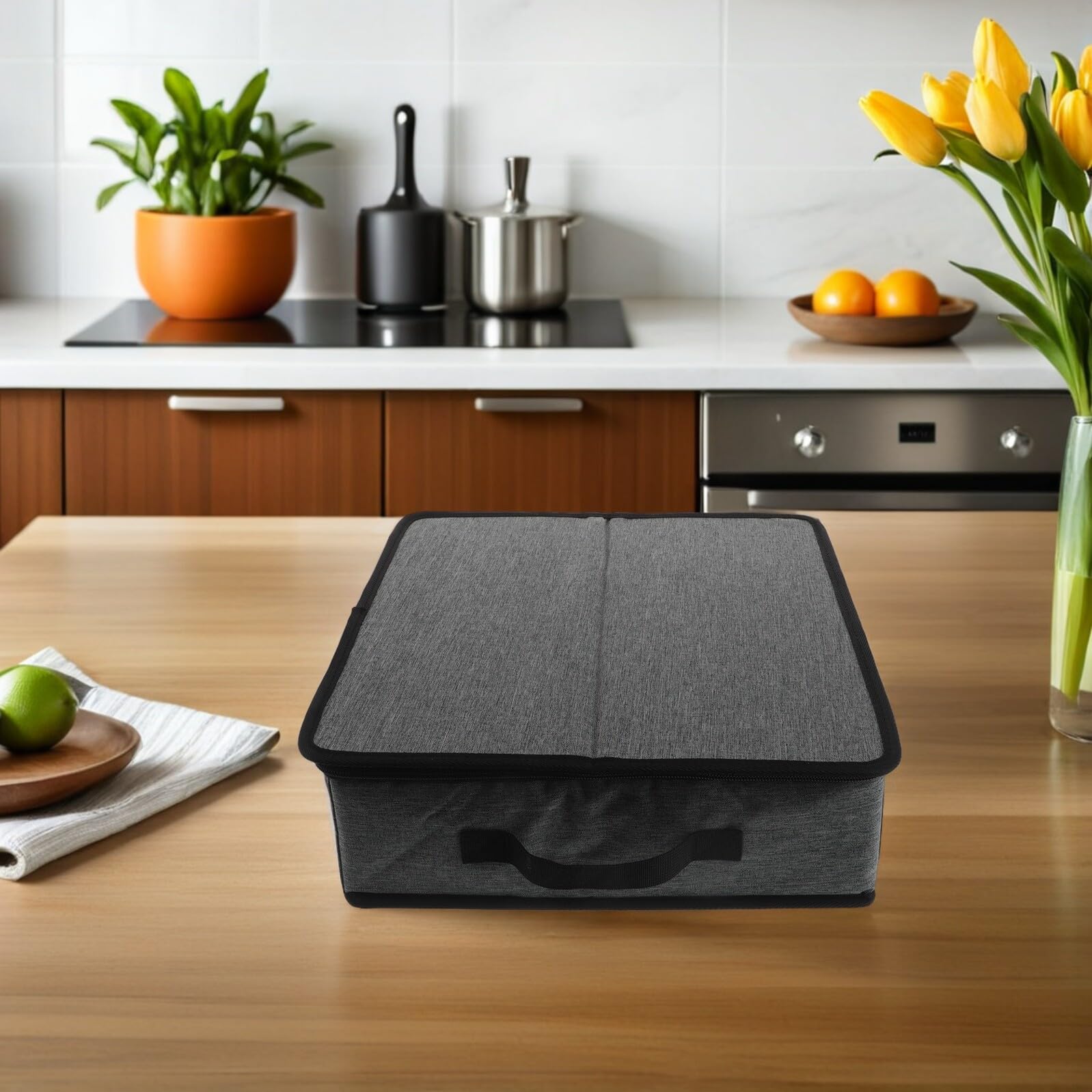Caja de Almacenamiento para Tazas con Divisores y Tapa con Cremallera | Capacidad para 9 Tazas, Asas Laterales para Mover y Guardar, Poliéster con Acceso Fácil